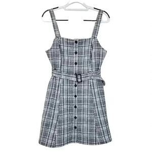 SO Women's White & Black Plaid Stretchy Poly/Rayon/Spandex Button Front Belted P